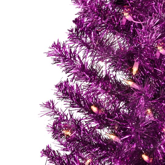 3ft. Pre-Lit Purple Artificial Tinsel Christmas Tree, Clear Lights